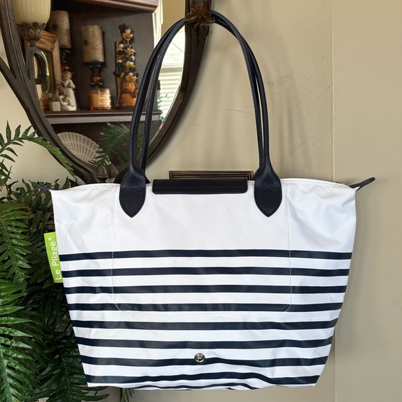 Longchamp Le Pliage Mariniere Zippered Shoulder Tote Blue White Nautical Stripes - Picture 10 of 16